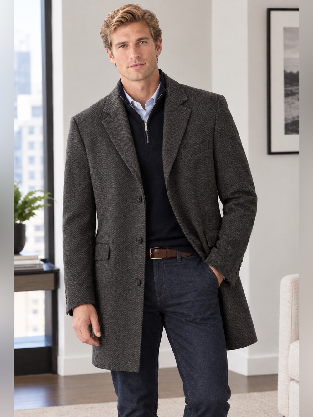 Brooks Brothers Dark Gray Wide Herringbone 100% Italian Wool Blend Overcoat- 44R